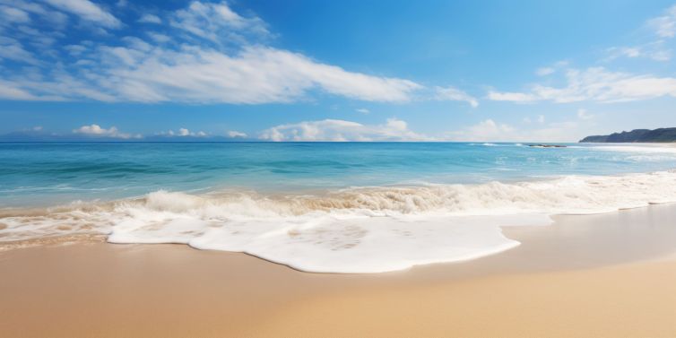 Sweeping beach and waves in the background, serene coastline.